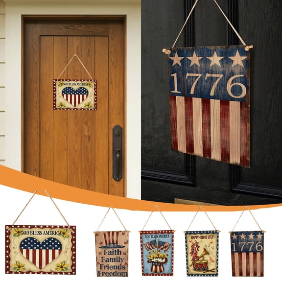 Independence Day Patriotic Wooden Door Hanger,1776 Vintage American Flag Sign with Stars & Stripes Print and Hanging Rope,4th of July Memorial Day Porch Wall Decor