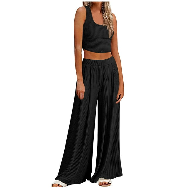 Lounge Set Womens, Ribbed Crop Top Short Sleeve/Sleeveless Palazzo Pants Loose Sweatsuit ,2 Piece Pajamas Tracksuits