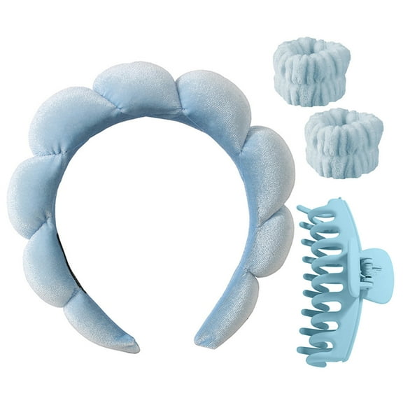 Spa Headband for Washing Face Wristband and Hair Clips 4Pcs Set, Face Wash Headbands for Women Girls (Blue)