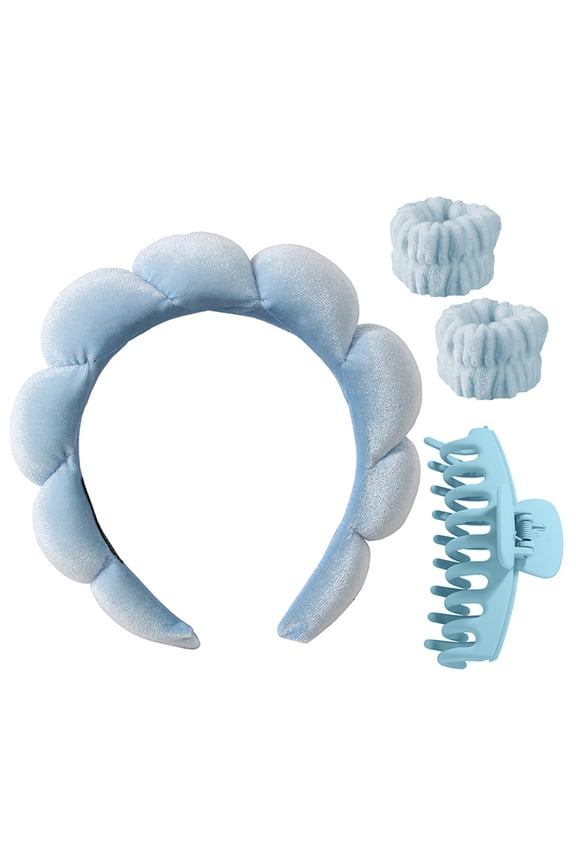 Spa Headband for Washing Face Wristband and Hair Clips 4Pcs Set, Face Wash Headbands for Women Girls (Blue)
