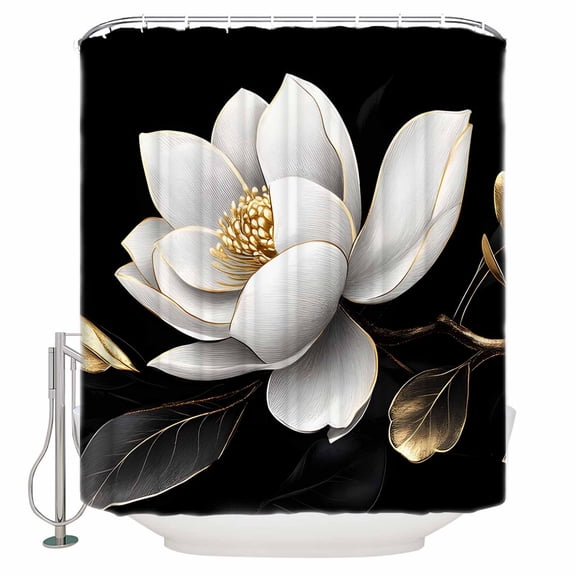 Small Stall Shower Curtain 36x78 Inch Narrow Half Size Gorgeous Flowers Bath Curtains Bathroom Decor White Gold Floral Botanicals Black Waterproof Fabric Shower Curtain Set with Hooks 36 Inch