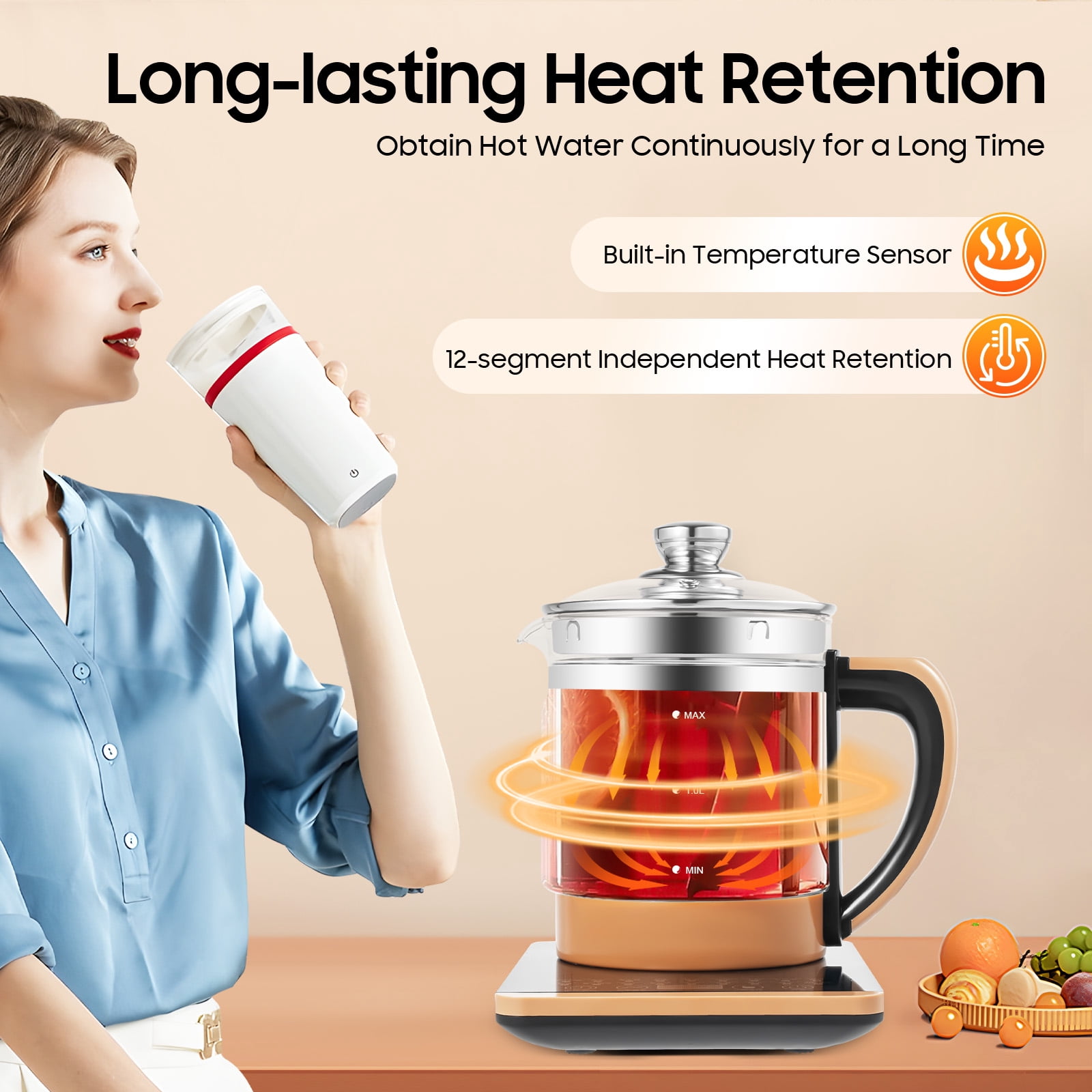 Electric Tea Kettle, 1.8L/0.4Gal Health Pot Electric Glass Kettle w/Filter+ Digital Heating Base, BPA-FREE & Boil-Dry Protection for Boiling Water Tea, Coffee