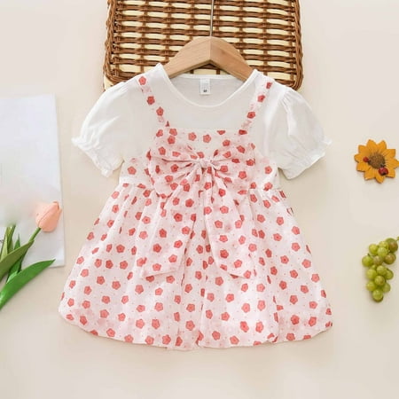 

YWDJ Girls Retro Dress Toddler Baby Girl Summer Short Sleeve Printed Mesh Suspender Dress Red 2-3T