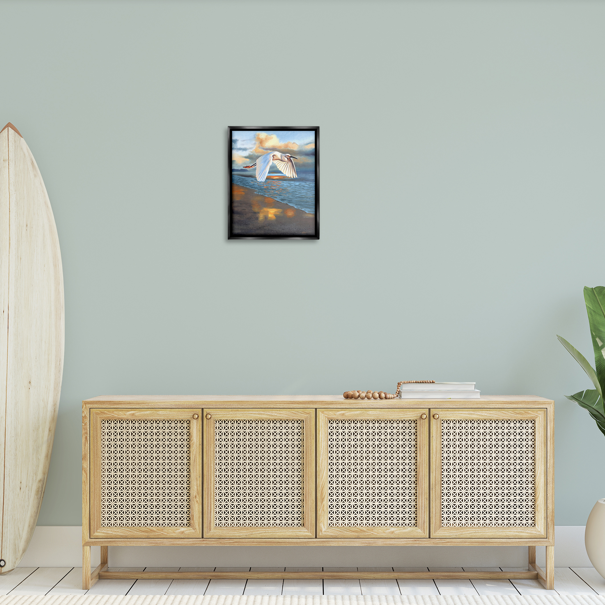 Stupell Industries Egret Wingspan over Beach Landscape Painting Black Floater Framed Canvas Art Print Wall Art, 17 x 21