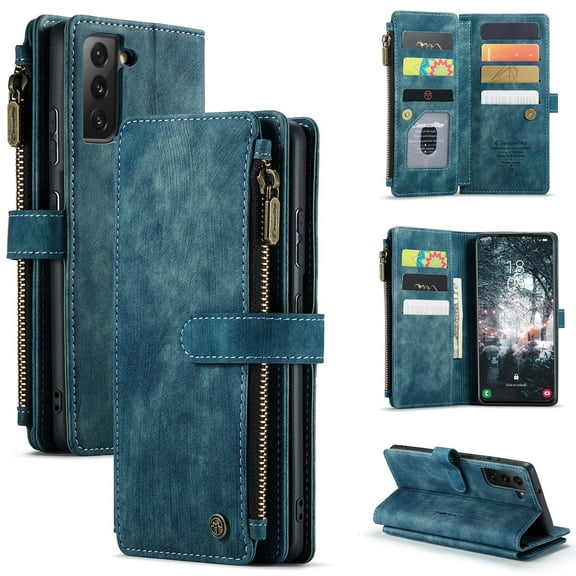 Samsung Galaxy S21 FE Case, Magnetic Wallet Case Premium Durable PU Leather Zipper Pocket Card Holder Kickstand Phone Cover for Galaxy S21 FE 5G,Blue