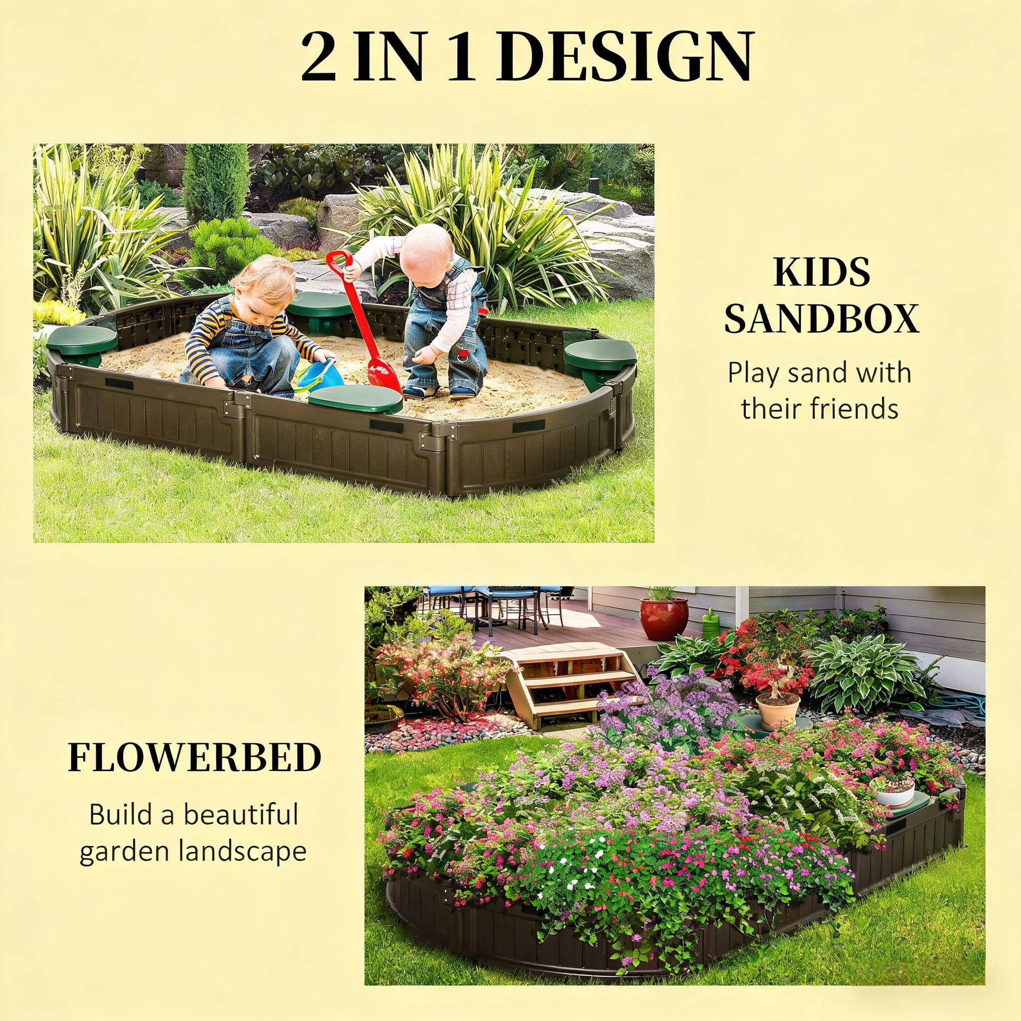 Children's Oval Outdoor HDPE Sandbox with 4 Semicircular Seats, Waterproof Oxford Cover & Liner, Dark Green Brown Sand Pit, Tool-Free Assembly for Backyard Lawn, Ages 3-12