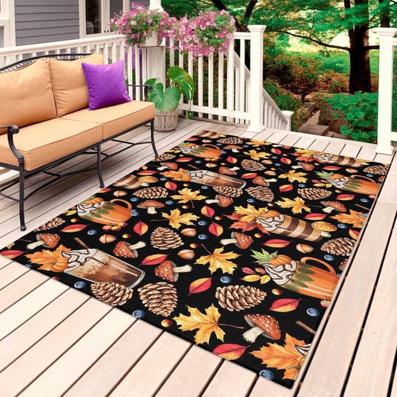 Brown Pine Cones Fall Outdoor Rug for Patio/Deck/Porch, Non-Slip Large Area Rug 5 x 8 Ft, Thanksgiving Berry Orange Autumn Maple Leaves Indoor Outdoor Rugs Washable Area Rugs, Camping Rug Carpet