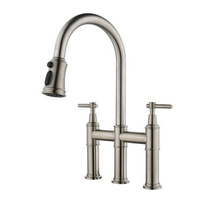 

Bridge Kitchen Faucet with Pull-Down Sprayhead in Spot 360 degrees Swivels Multifunctional Kitchen Faucet with Solid Brass Construction and Corrosion-Resistant Finish Brushed Nickel
