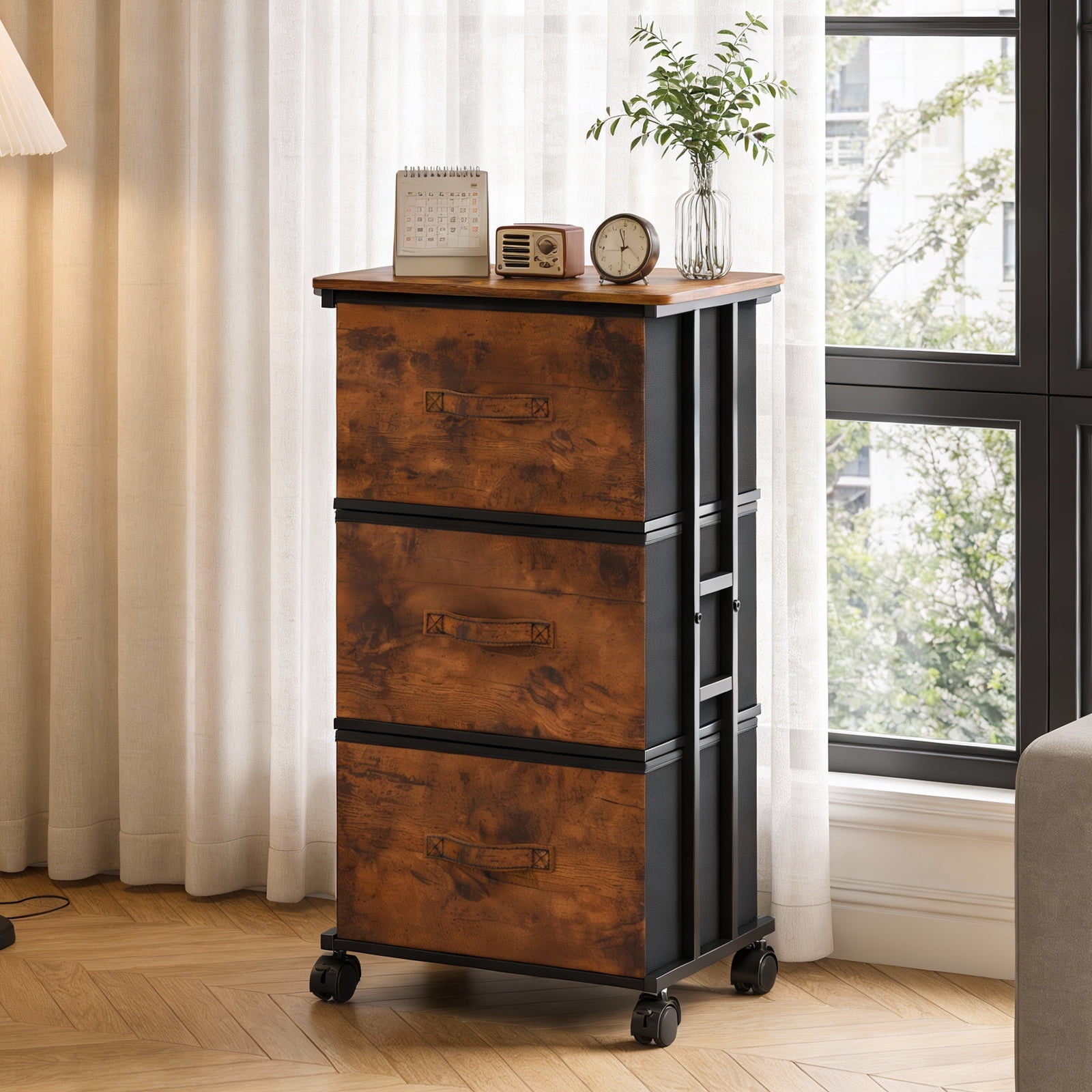 edx Rolling Nightstand with Wheels, 3 Drawer Fabric Storage for Bedroom, Entryway, Closets, Office, Rust Brown