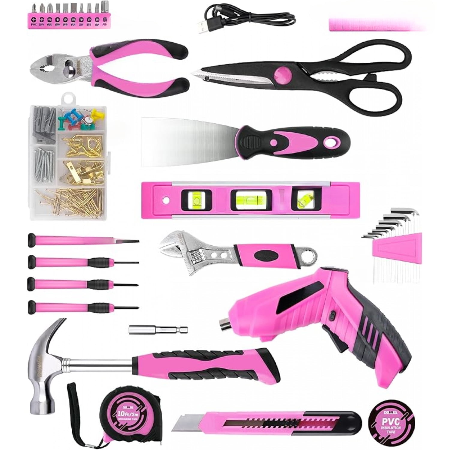 147 Pcs Pink Tool Kit with 12V Cordless Drill with 3/8" Keyless Chuck for Women, Home, Men, Built-in LED, Type-C Charge Cable