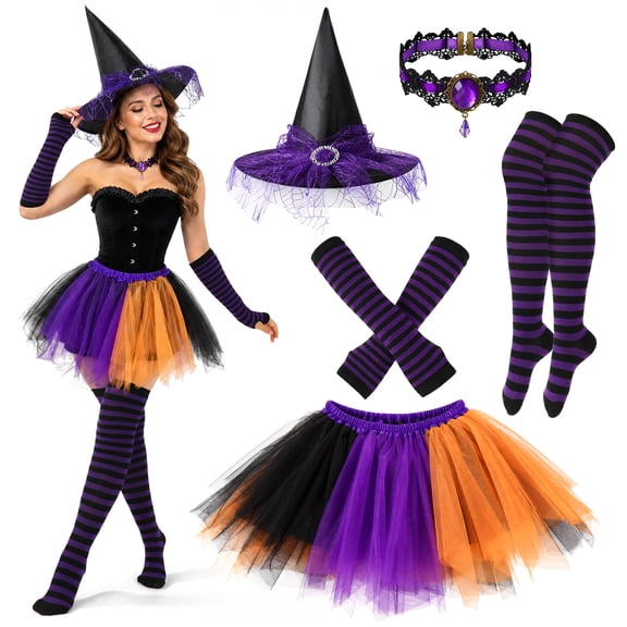 sixwipe 5 Sets Women Halloween Witch Costume Set, Gothic Tutu Skirt Outfit with Wicked Hat Choker Striped Arm Warmers Knee High Socks