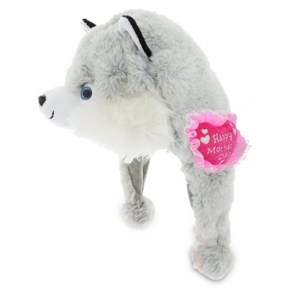 DolliBu Happy Mother's Day Super Soft Husky Plush Hat - Cute Stuffed Animal Hat with Pink Heart Message for Best Mommy, Grandma, Wife, Daughter - Cute Pet Life Plush Toy Gift - 17.5" Inches