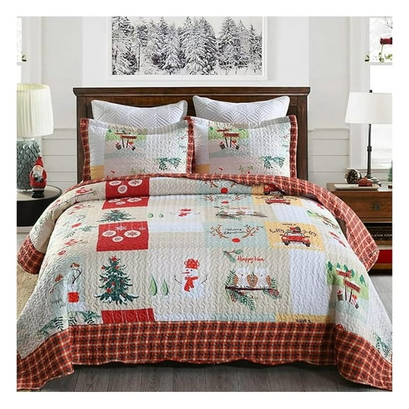 Christmas Quilt Set, Red Polyester Bedspread, King Size - B022_K, 3 Piece, Festive Holiday Decor