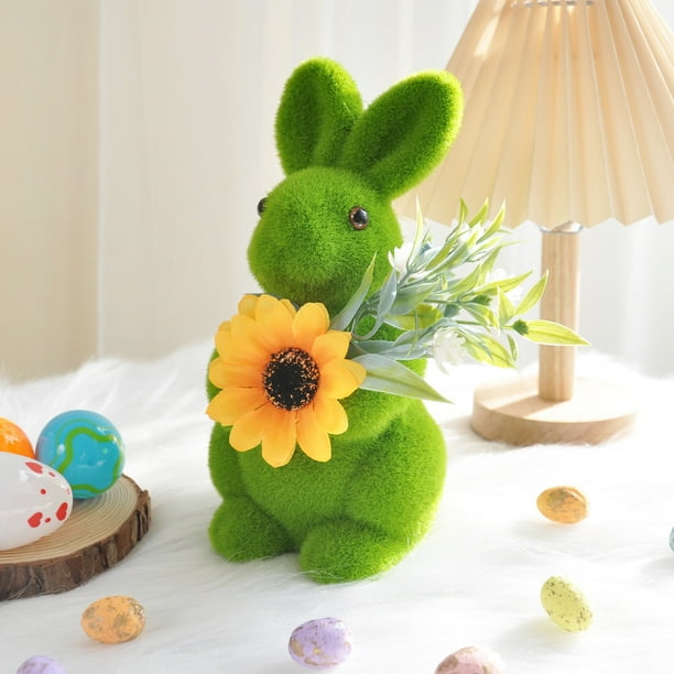 Adorno de conejo de Pascua, escultura de conejo artificial de pie con musgo verde, decoración de jardín, regalos de fiesta, decoración de mesa y hogar, adornos de conejo de PVC.
