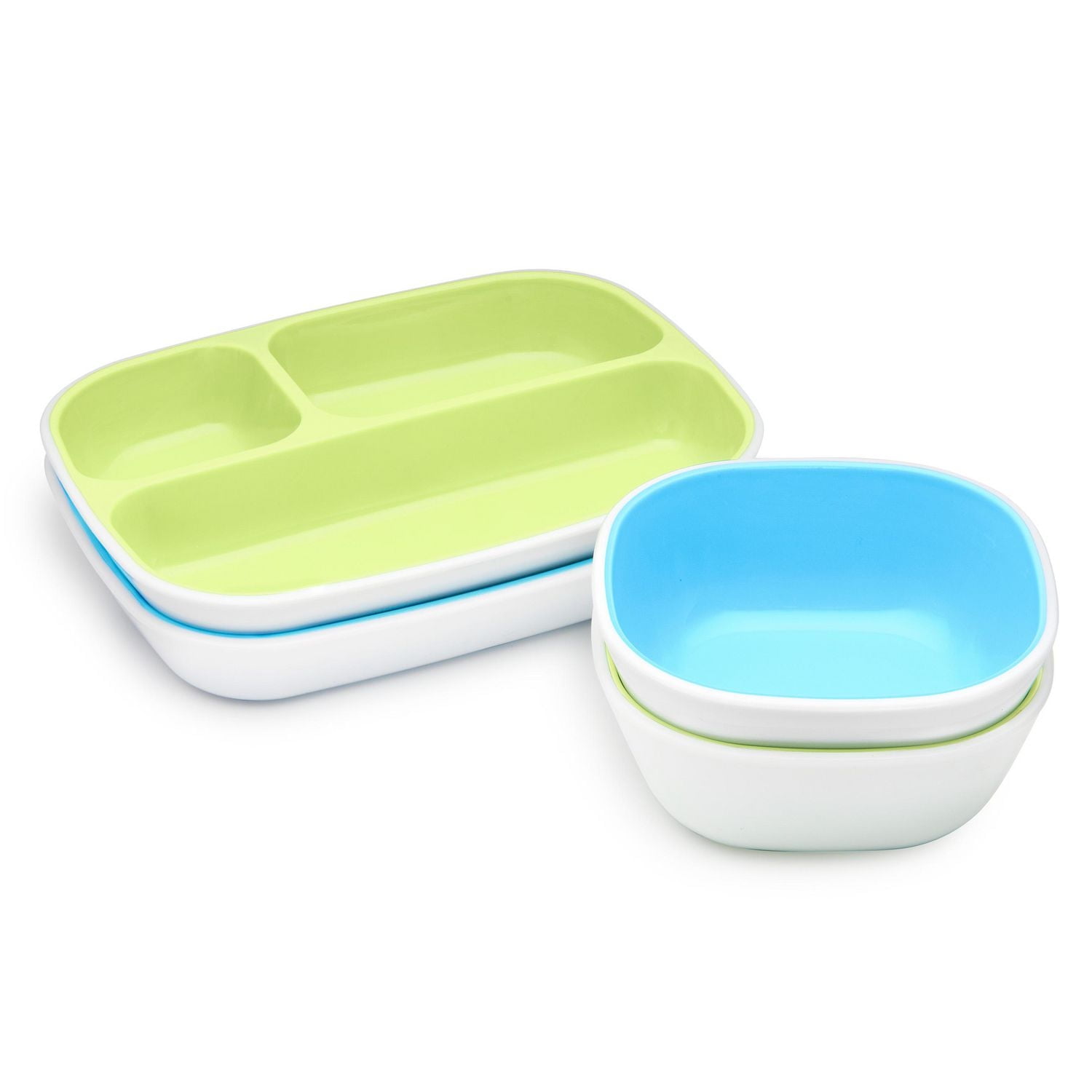 Munchkin Splash 4 Piece Toddler Divided Plate and Bowl Dining Set, Blue/Green