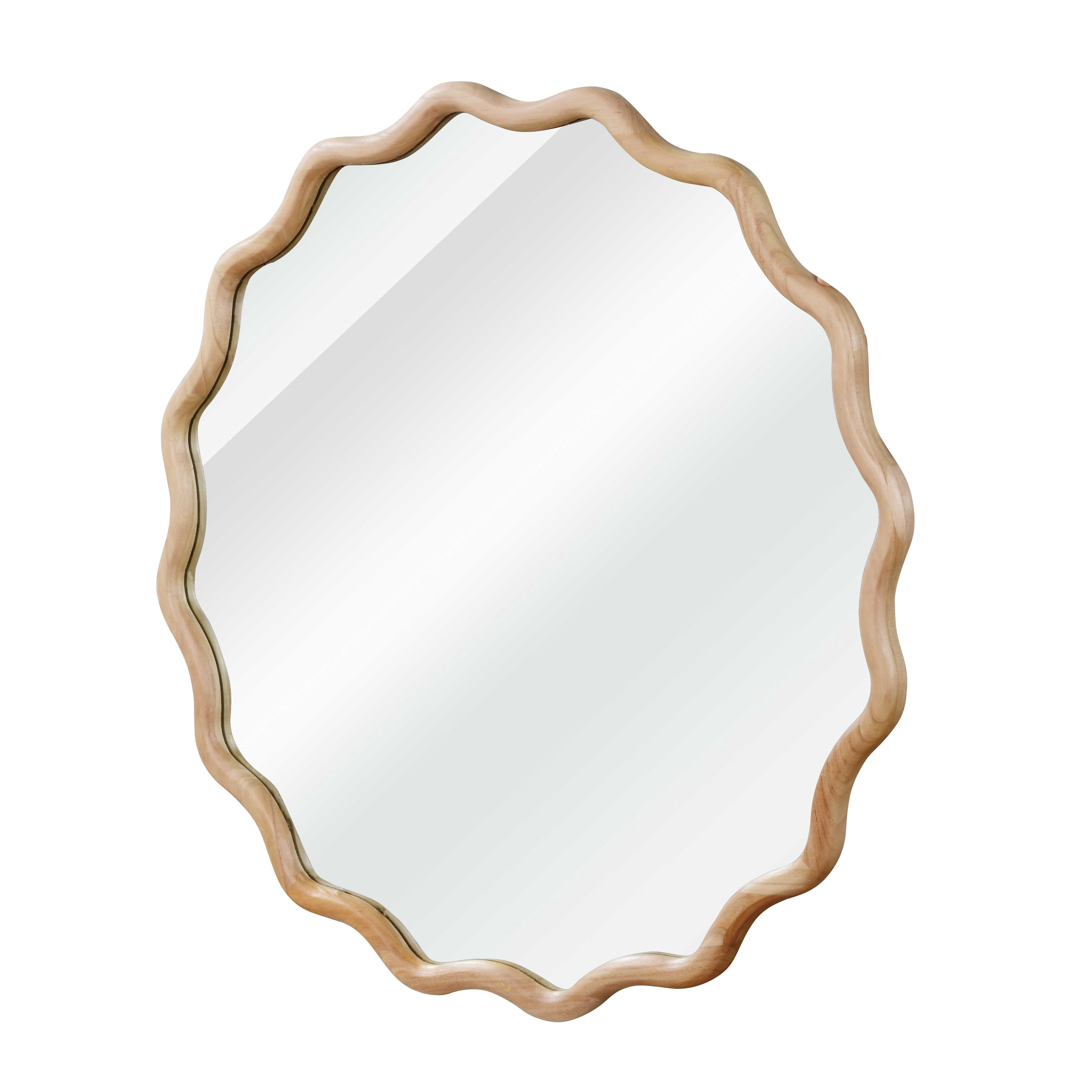 24-Inch Wavy Round Solid Wood Frame Mirror, Decorative Wall Mirror and Vanity Mirror for Bedroom Bathroom Living Room Entryway, Natural Wood