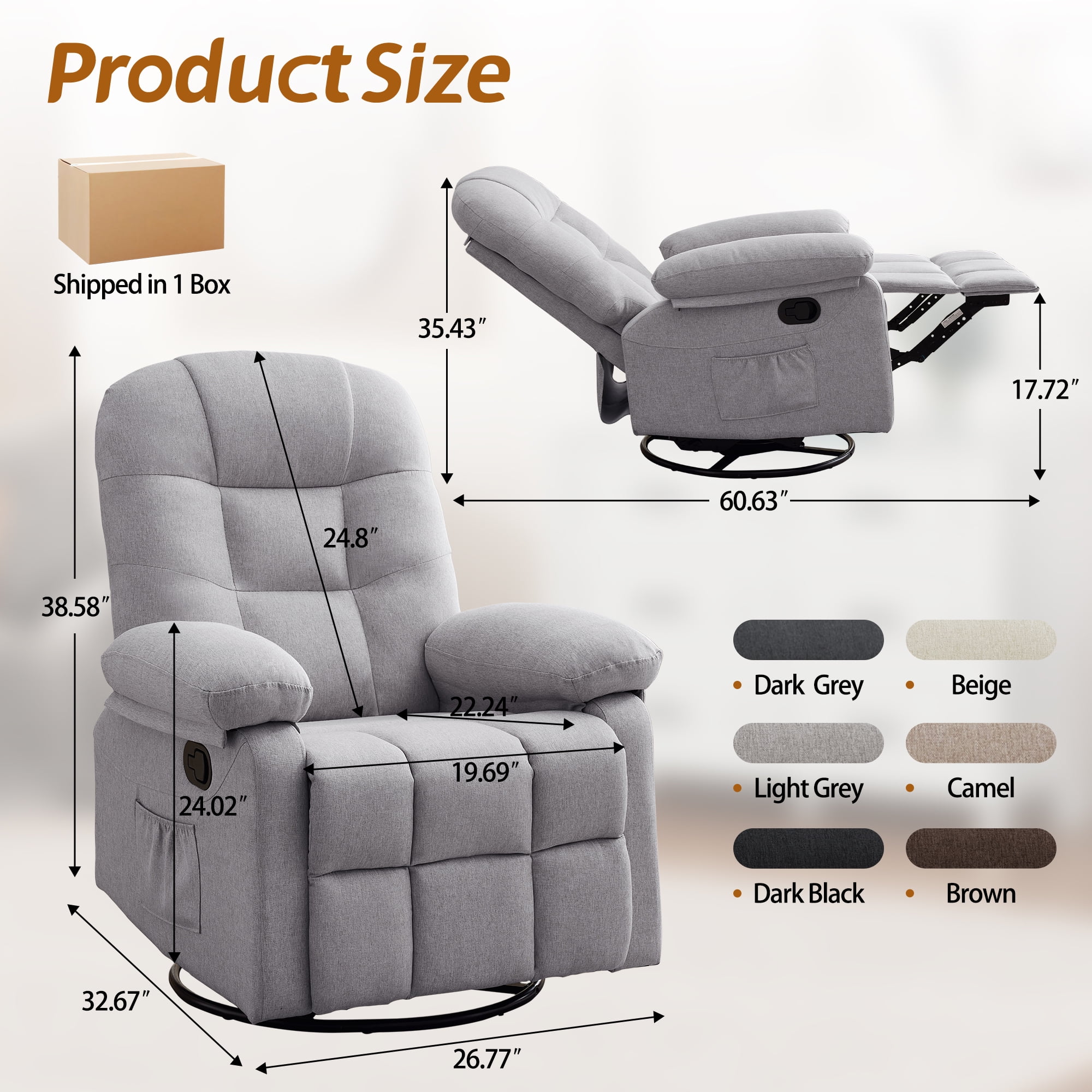 Korser Manual Swivel Rocker Recliner Chair for Living Room,Small Recliner Sofa for Small Spaces,Linen Fabric,Light Grey
