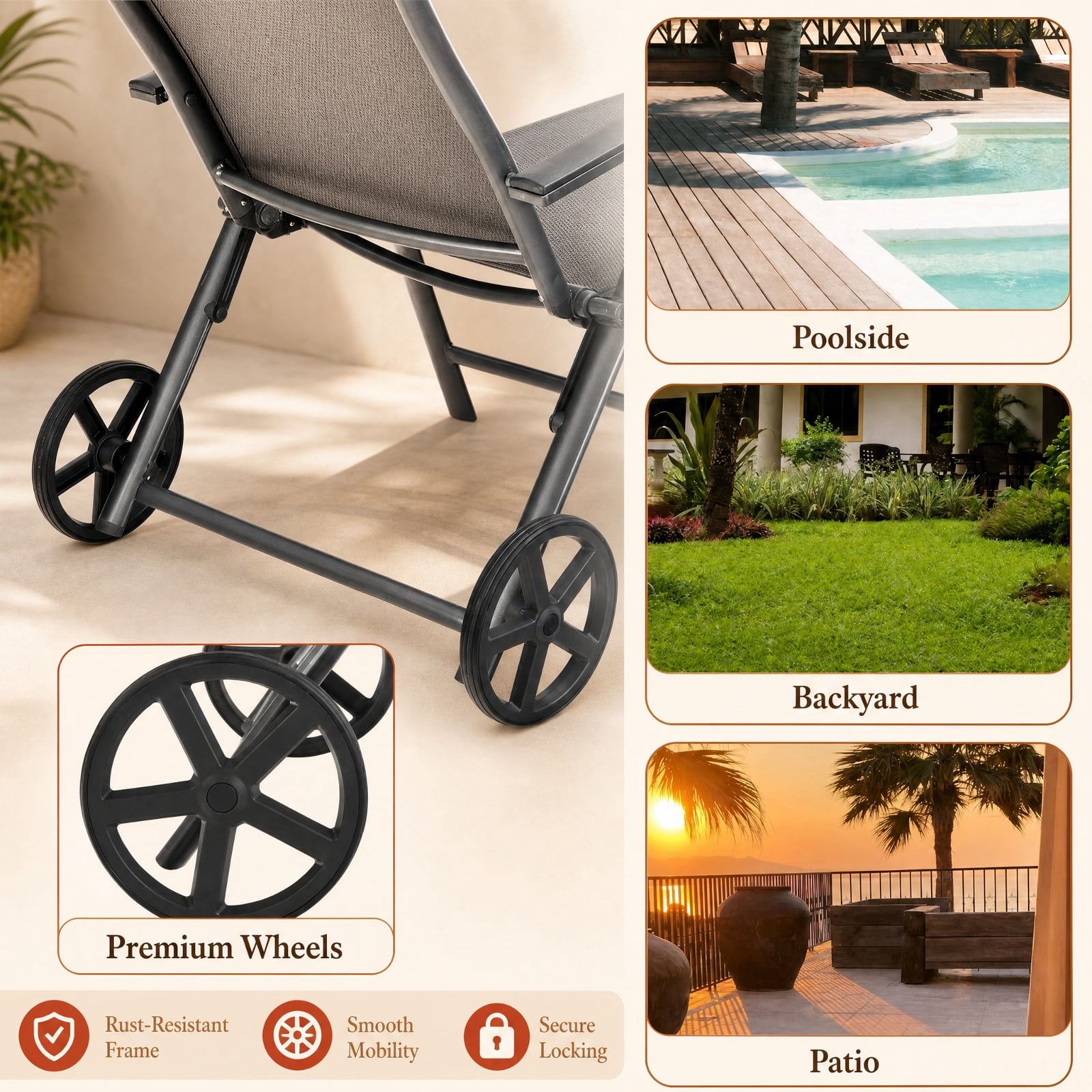 Furnibear Patio Lounge Chair with Wheels Neck Pillow 7 Position Backrest and Rustproof Aluminum Frame for Poolside Backyard and Patio, Gray