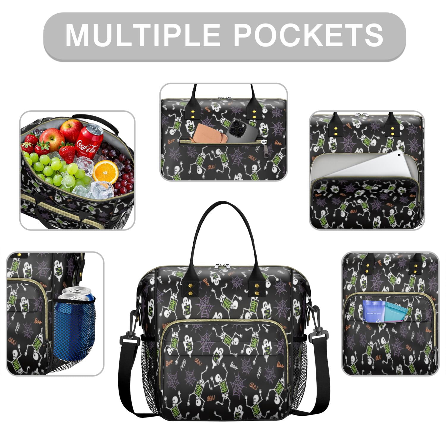 Halloween Skeleton Ghost Pattern Womens Lunch Box for Work,Insulated Large Lunch Bag for Tween and Teen,Loncheras Para Mujer,Leakproof Adult Lunch Bag for Work,Beach,Travel,Picnic,Camping