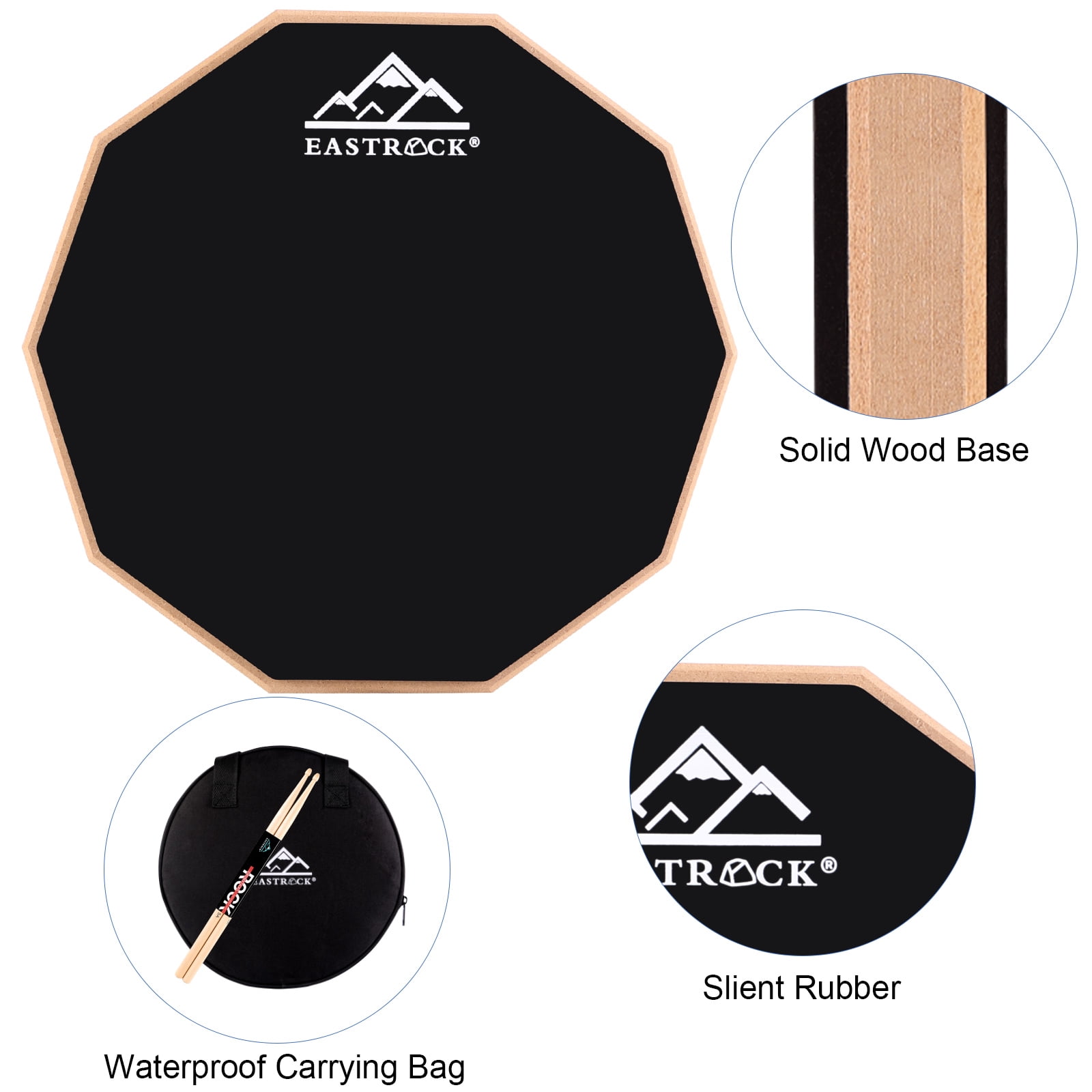 EASTROCK Drun Practice Pad 12 Inch Double Silicone Surface Silent Practice Drum Pad for Beginner Black with Sticks & Bag