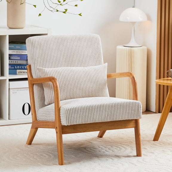 IVV Mid-Century Modern Accent Chair with Pillow, Upholstered Lounge Armchair with Solid Wood Frame & Soft Cushion for Living Room, Bedroom, Balcony, Beige