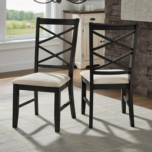 Weston Home Farmhouse Wood Finish Double Cross Back Sand Fabric Dining Chair, Antique Black (Set of 2)