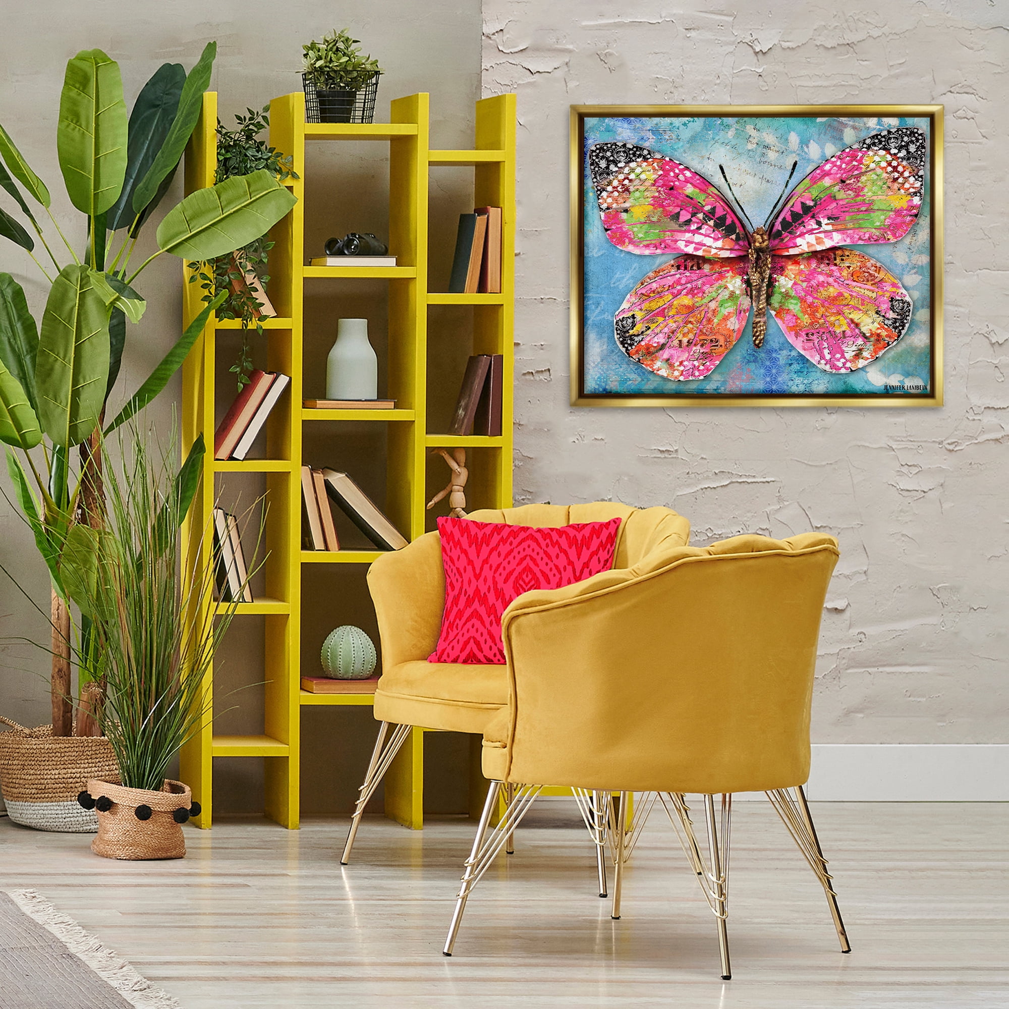 Stupell Industries Wonderland Butterfly Pattern Animals Painting Gold Floater Framed Canvas Art Print Wall Art, 31 x 25