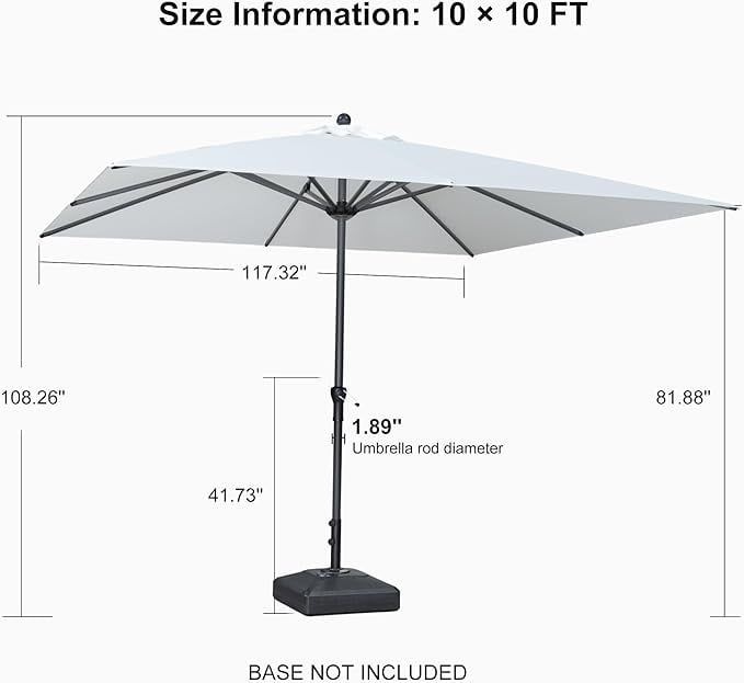 PURPLE LEAF 10' x 10' Patio Market Umbrella Outdoor Table Sun Umbrellas with Crank 8 Aluminum Sturdy Ribs for Pool Deck Backyard Beach White