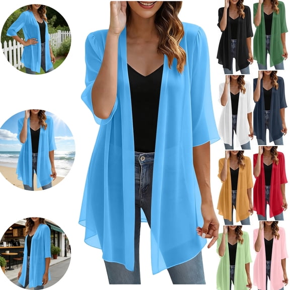 Gamivast Swim Cover up for Women Sheer Chiffon Open Front Kimono Cardigan Flowy Three Quarter Sleeve Beach Cover up Cardigan Lightweight Modest Coverage Resort Wear Vacation Beachwear