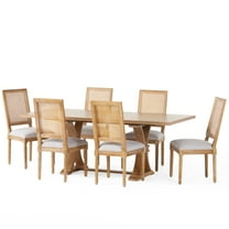 Noble House Beckstrom Wood and Cane 7-Piece Expandable Dining Set, Light Gray and Natural