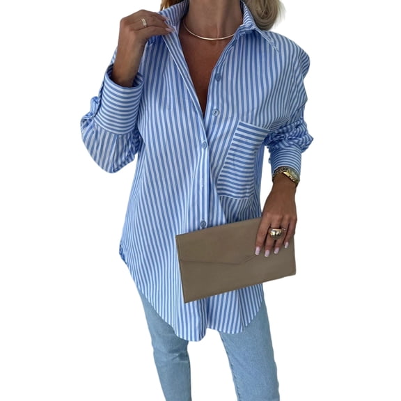 Women Striped Long Sleeve Button Down Shirts Casual Loose Blouse with Pocket Summer Trendy Tops Blue M