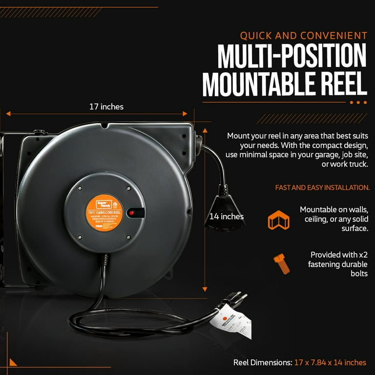 SuperHandy Mountable Retractable Extension Cord Reel 12AWG x 75' Ft 
