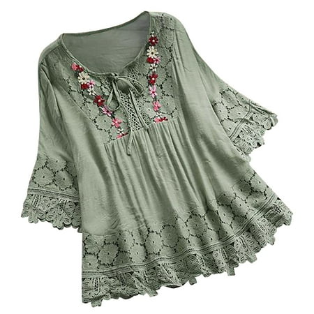 Pejock Womens 3/4 Bell Sleeve Blouse Summer Plus Size Crewneck Lace Tops Floral Textured Babydoll Shirts Green M (US Size:14)