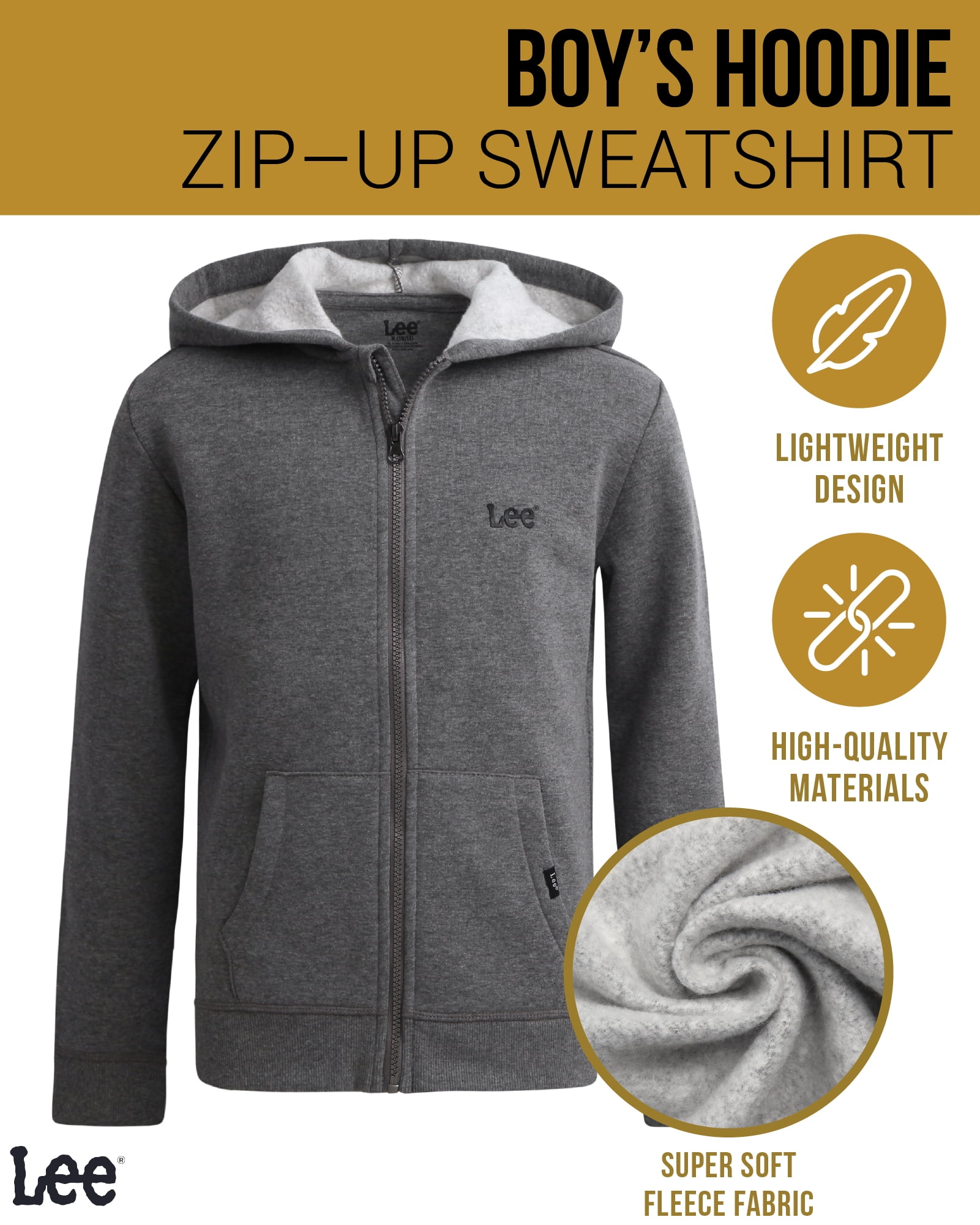 Lee Boys Zip Up Hoodie Lightweight Soft Hooded Sweatshirt for Boys Plain Hoodies 2 or 3 Pack