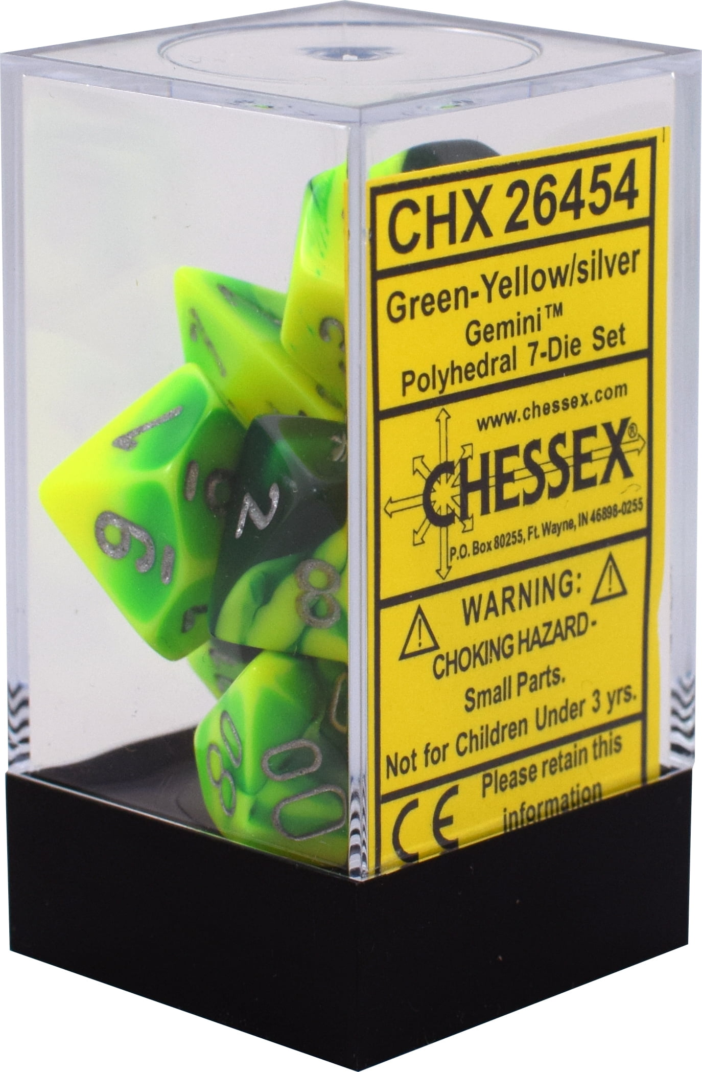 Chessex 7 Dice Set Gemini Green-Yellow w/ Silver CHX 26454 for D&D & D20 