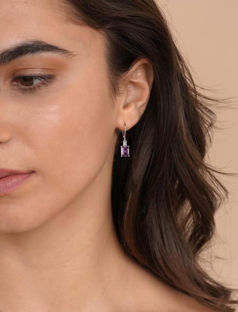 Starchenie Princess/Emerald Brilliant Cut Birthstone February Amethyst Earrings for Women Dangle Earrings Sterling Silver Leverback Earrings Birthday Anniversary Jewelry Gift