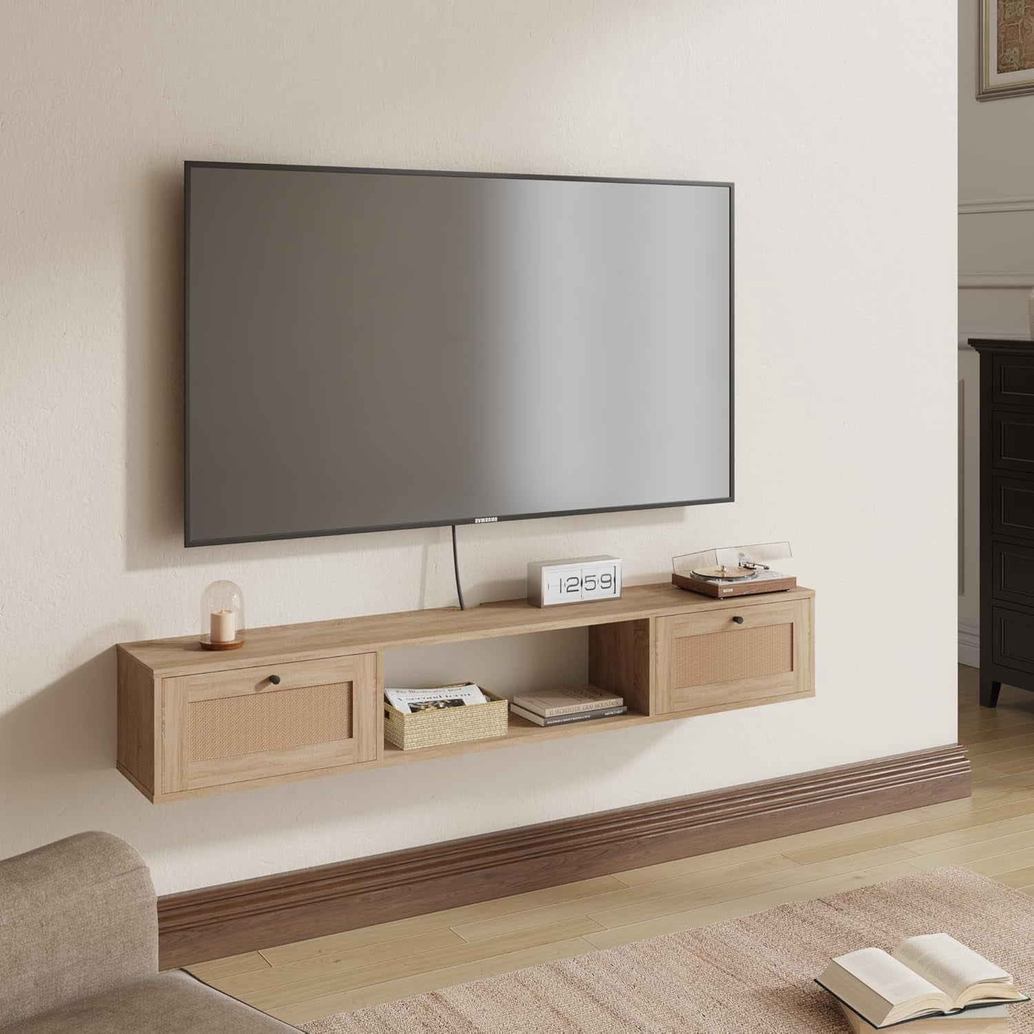 MELLCOM Modern Rattan Floating TV Stand, Entertainment Center for Under TV Storage, Wall-Mounted Floating Stand for TVs, 57 inch, Oak