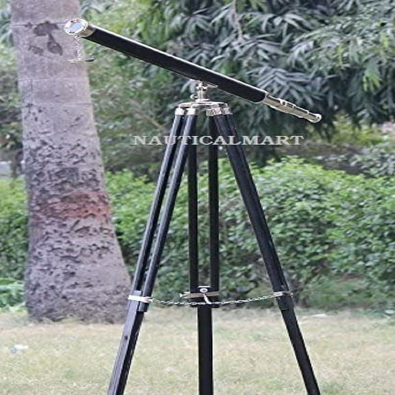 NauticalMart floor standing decor telescope black wooden stand nickel plated