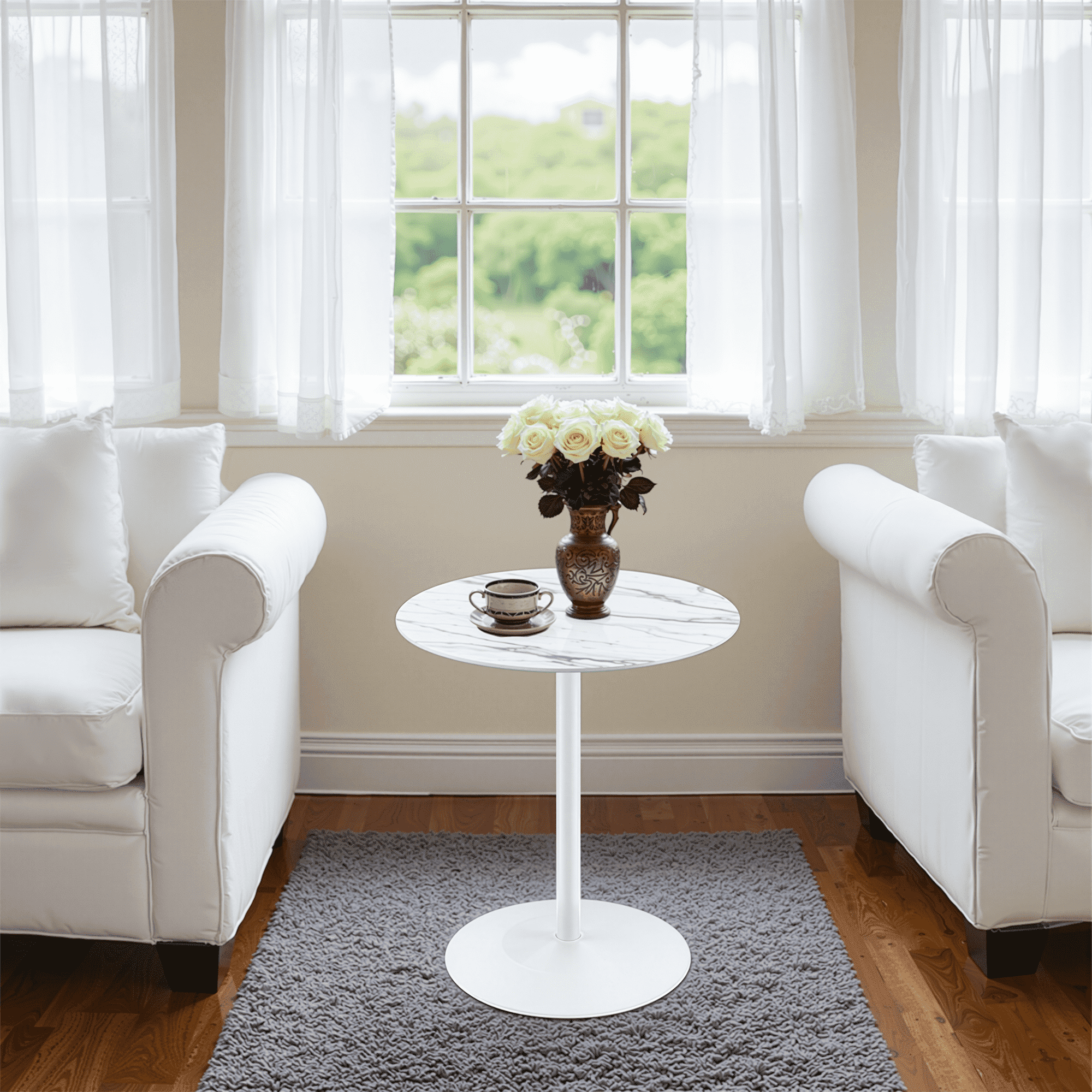 MAYEERTY 17.5" Small Round Side Tulip Table, Marble Textured Glass Top & Steel Foundation, Seats 2, White