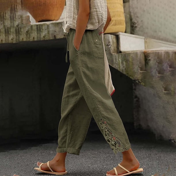 WILLBEST Pantalones Casuales elegantes para Mujer para Uso Diario: Pantalones de Moda de Color Sólido con Encaje, Cintura Alta, Bolsillo con Cordón, Largo 9/10 Extra Grande
