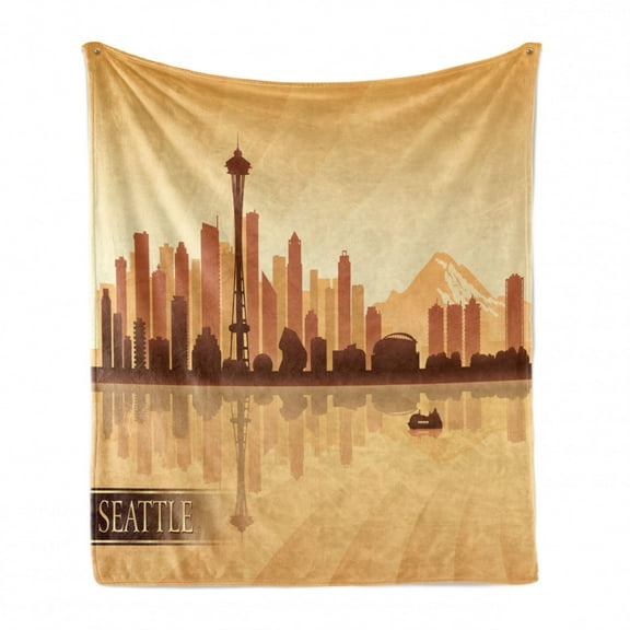 Seattle Skyline Soft Flannel Fleece Throw Blanket, Waterfront the Needle Space Buildings Wording in Amber Tones, Cozy Plush for Indoor and Outdoor Use, 60" x 80", Cinnamon Dark Rosewood, by Ambesonne