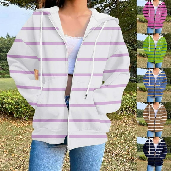 UTSJKR Women's Casual Hoodies Full Zip Up Oversized Striped Sweatshirts with Pockets Long Sleeve Fall Trendy Hooded Jackets Navy L