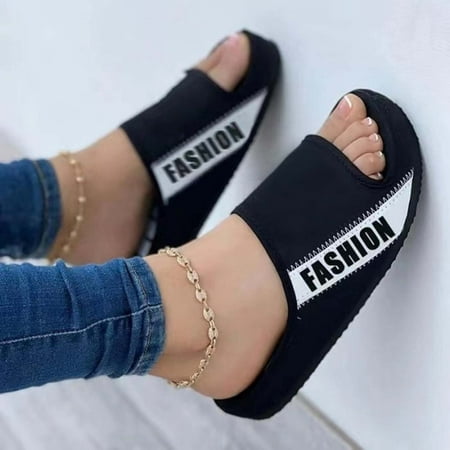 

Shldybc Slippers for Women Summer Fabric Flat Sandals Women s Fashion Casual Comfy Outdoor Peep Toe Letter Color Block Platform Slippers Summer Savings Clearance