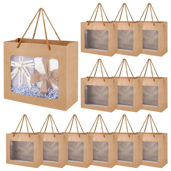 16pcs Gift Bags with Transparent Window Kraft Paper Shopping Bags with Handle for Birthday Wedding Party Florist Packing 7.91x7.09x3.19 Inch