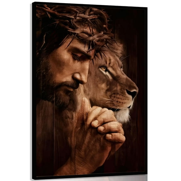 Jesus And The Lion Of Judah Canvas Wall Art Christian Faith Wall Decor Judas Inspiring Prints Inspirational Jesus and Lion Painting Crown of Thorns Poster Picture for Home Church Office