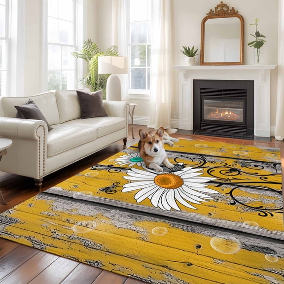 Yellow Teal Daisy Large Area Rugs 6x9 ft Grey Yellow Wood Grain Bubble Butterfly Washable Rug Non Slip Indoor Carpet Absorbent Floor Mat for Living Room Bedroom Dining Room