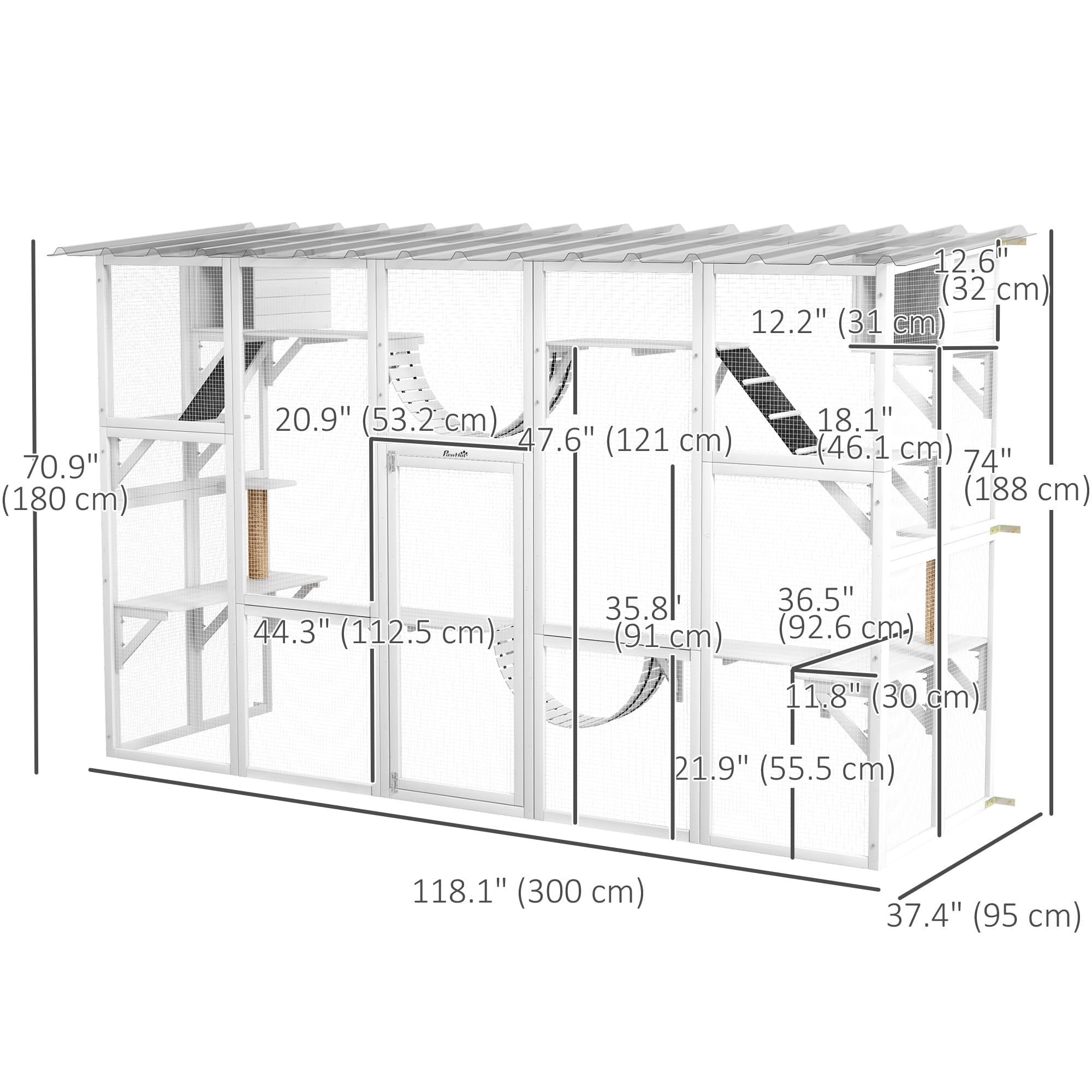 Wooden Catio Enclosure for Outdoor Cats with Shelves Bridges and Weatherproof Roof, Spacious Play Area for Multiple Kitties, White