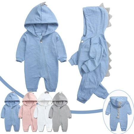 

PEZHADA Boys Girls Fall Winter Romper Jumpsuit Toddler Baby Long Sleeved Cartoon Dinosaur Hooded Jumpsuit Romper Suit Blue