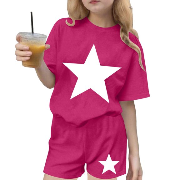 Eltusu Girls Outfit Sets, 2PC Casual Short Sleeve Crew Neck Summer Clothes Sets Hot Pink Size 10-12T
