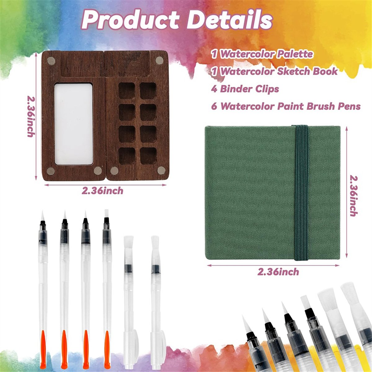 Kit Aquarelle Voyage Mini – Palette Bois, Carnet Fleuri, 6 Pinceaux Réservoirs (idéal Débutants)
